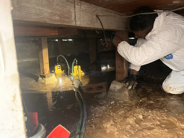 Two yellow pumps and hoses in standing water beneath wood floor framing