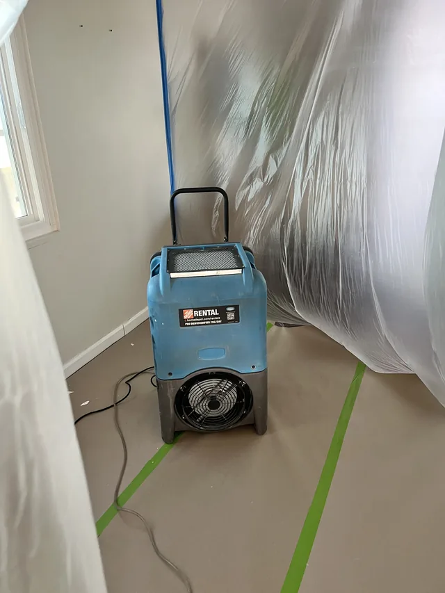 Blue rental dehumidifier inside a protected work area